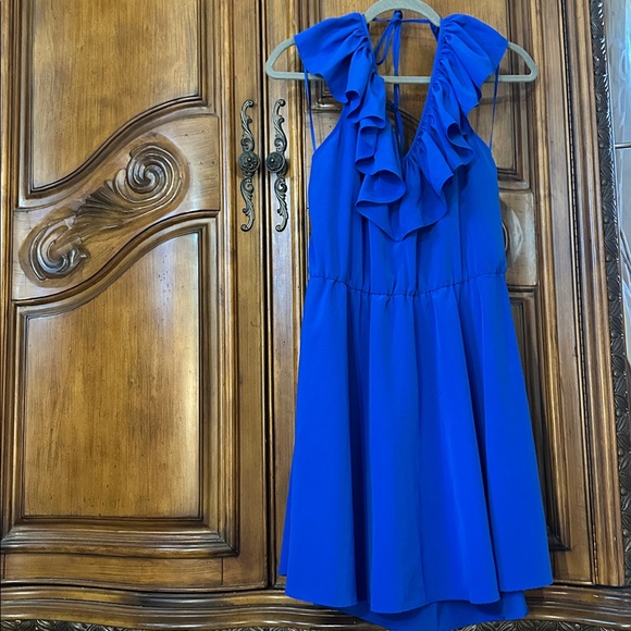 Amanda Uprichard Y2K Vintage Royal Blue Ruffle. Halter V Neck Backless Dress L - Picture 4 of 10